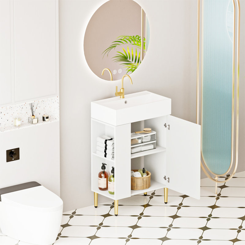 Meuble-lavabo à tablettes ouvertes 21,6 po avec lavabo en céramique et porte à fermeture douce, Doré