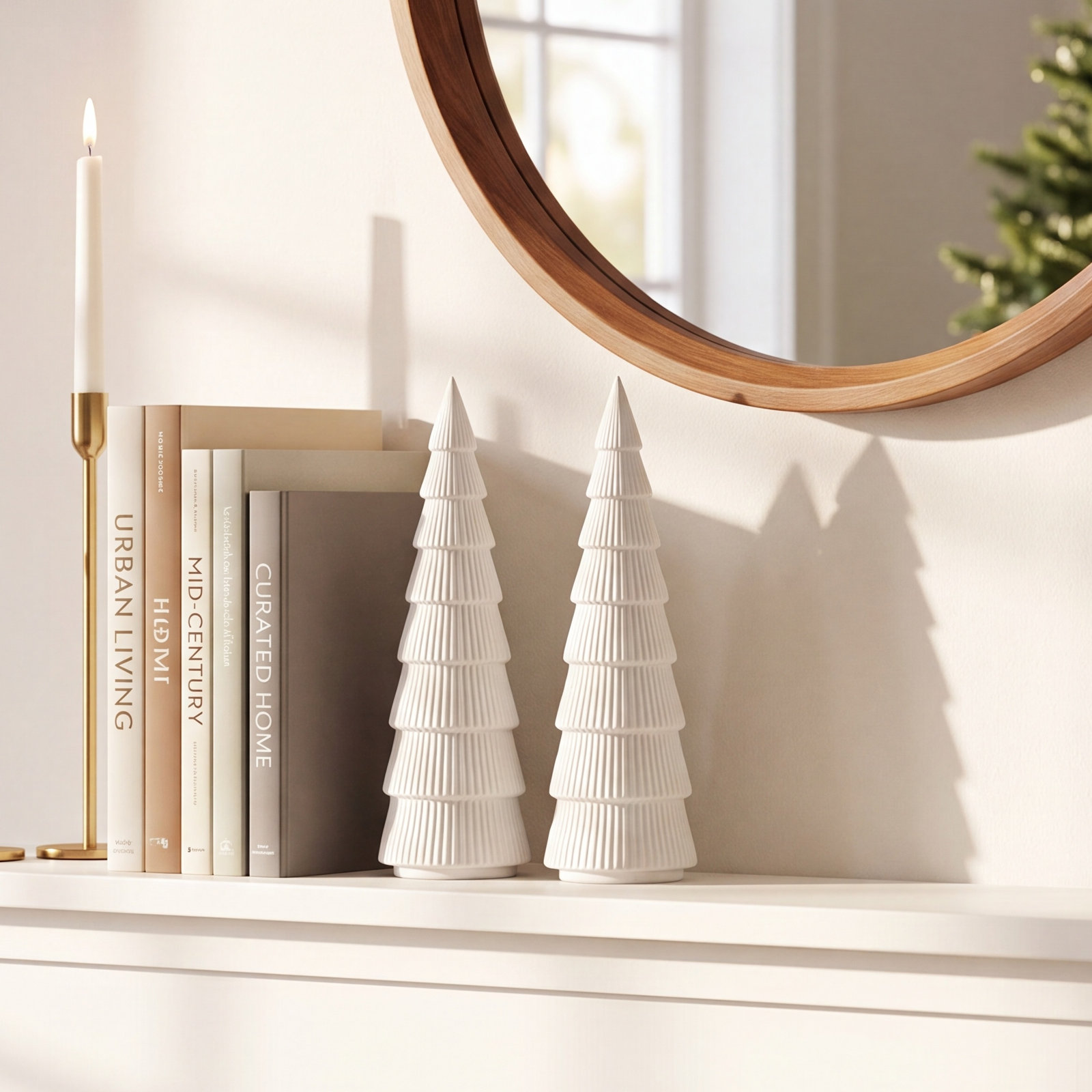 2-Piece Glazed Ceramic Tabletop Tree Set, 12" H x 4" W x 4" D, White
