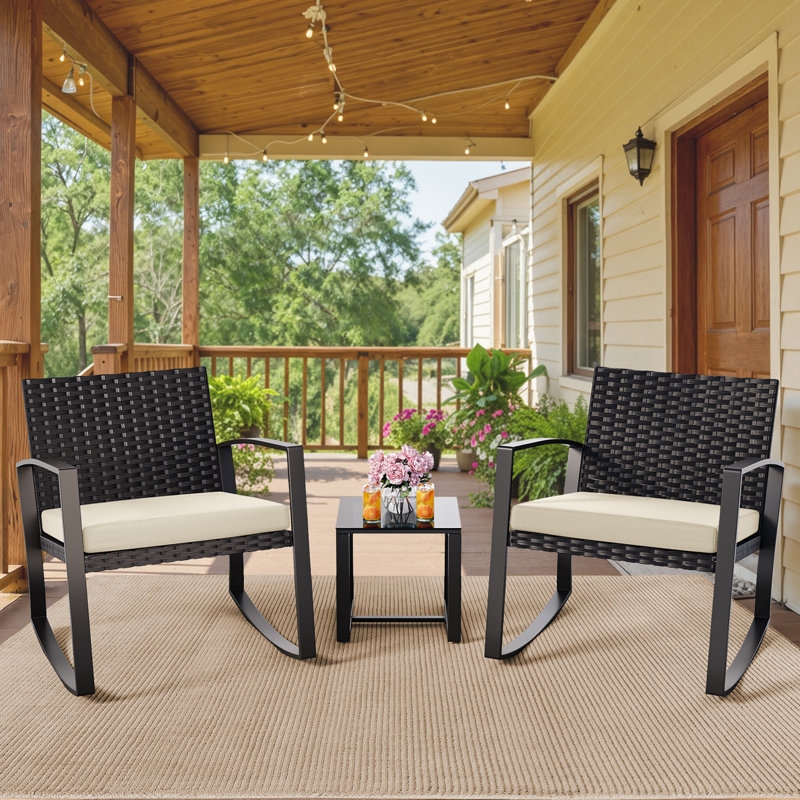 Modern 3-Piece Outdoor Rocking Chair Set with Cushions, All-Weather PE Rattan Wicker Patio Conversation Set with Glass Top Coffee Table