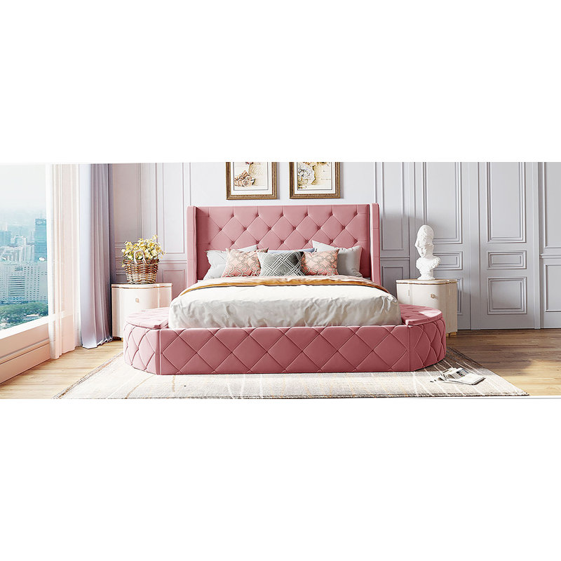 Lit plateforme tapissier en velours avec tête de lit à oreilles et 1 grand tiroir, 2 tabourets de rangement latéraux, Rose