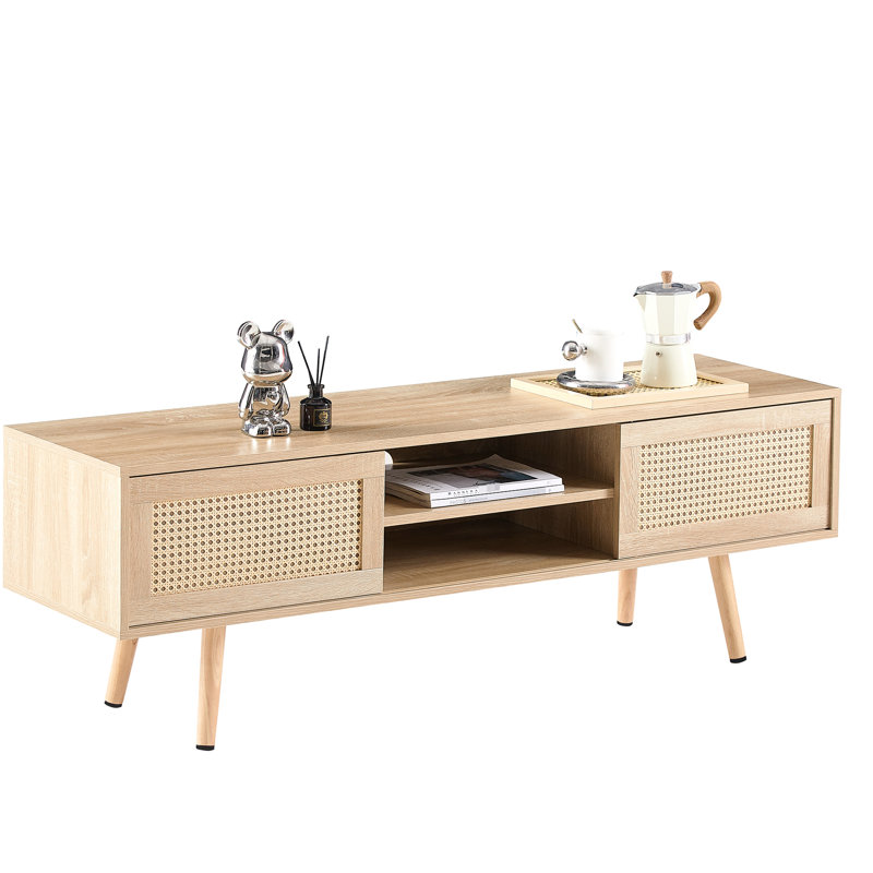Meuble télé naturel avec pieds en bois massif, tablette réglable de 54,13 po de long, portes coulissantes doubles pour armoire de salon, portes, tablette
