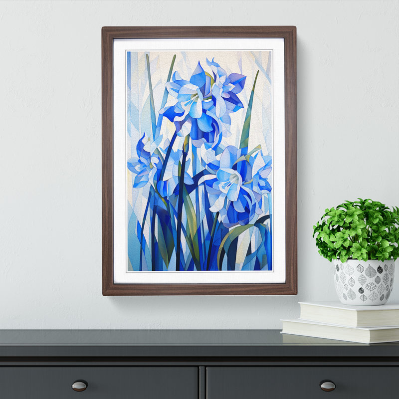 Bluebell Flower Cubism - Single Picture Frame Print on Wood, Walnut Framed, 46cm H x 34cm W x 2cm D