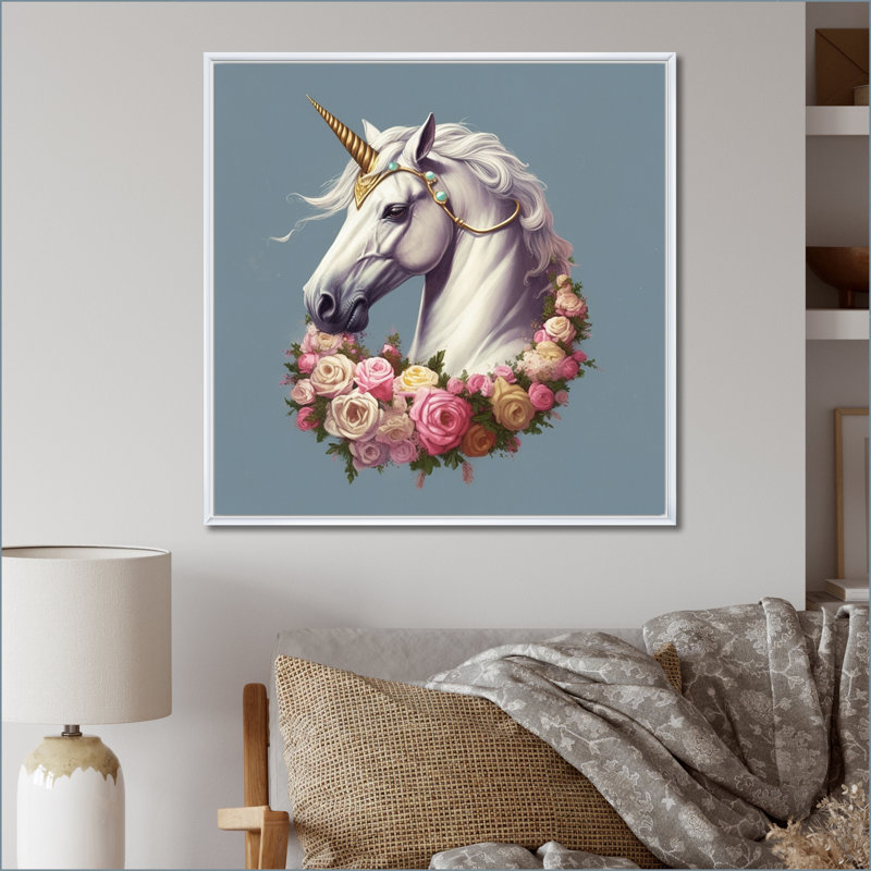 Licorne dans une couronne de fleurs - reproduction sur toile, Cadre flottant blanc, H 24 po x l 24 po