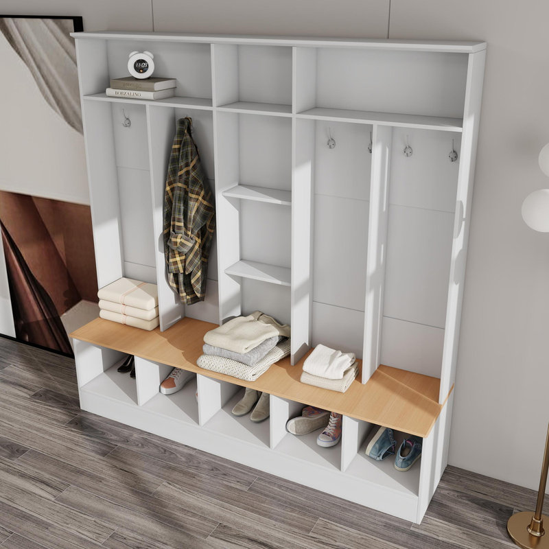 White Wide Design Coat Rack With Storage Bench, Simple Shoe Cabinet With Cube Storage Rack And Shelves, Multifunctional Coat Rack With 8 Hooks For Entryway And Foyer