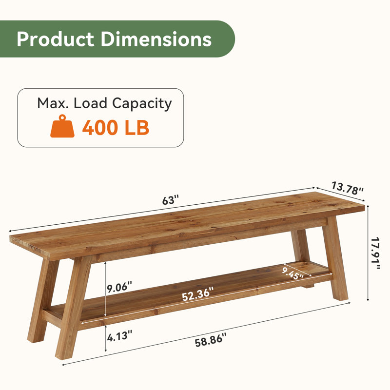 Solid Wood 63" Storage Bench For End Of Bed, Rustic Bedroom Bench With Shelf, Farmhouse Style