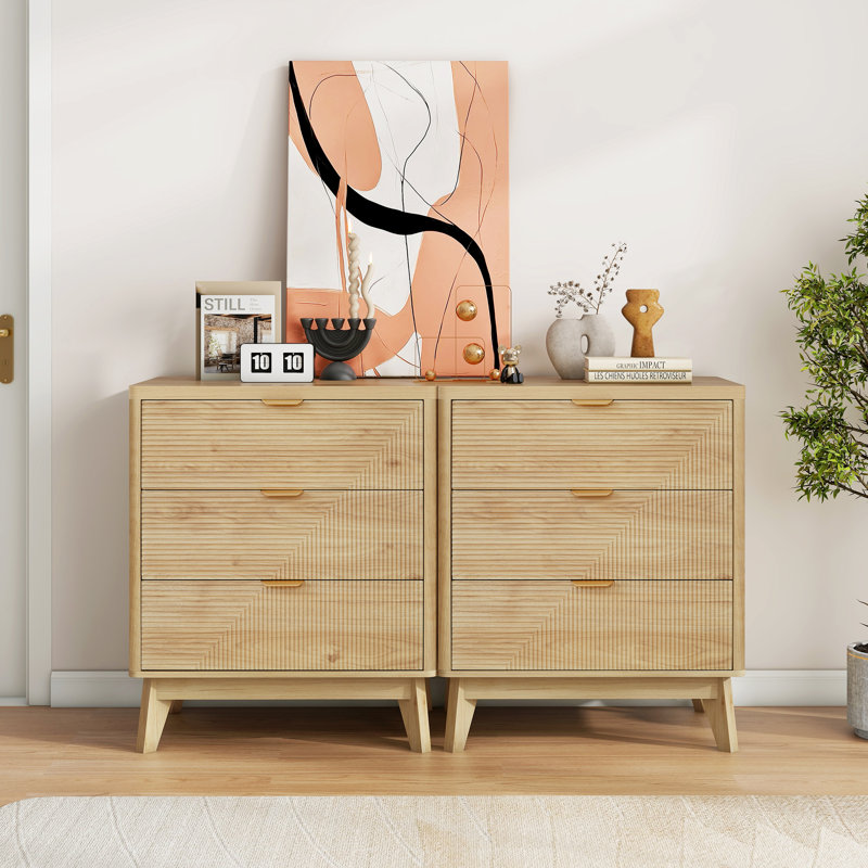 Nightstand Set of 2 with 3 Drawers, Fluted Modern Design for Bedroom, 23.6"W X 15.8"D X 28.3"H, Twill Nature, Twill