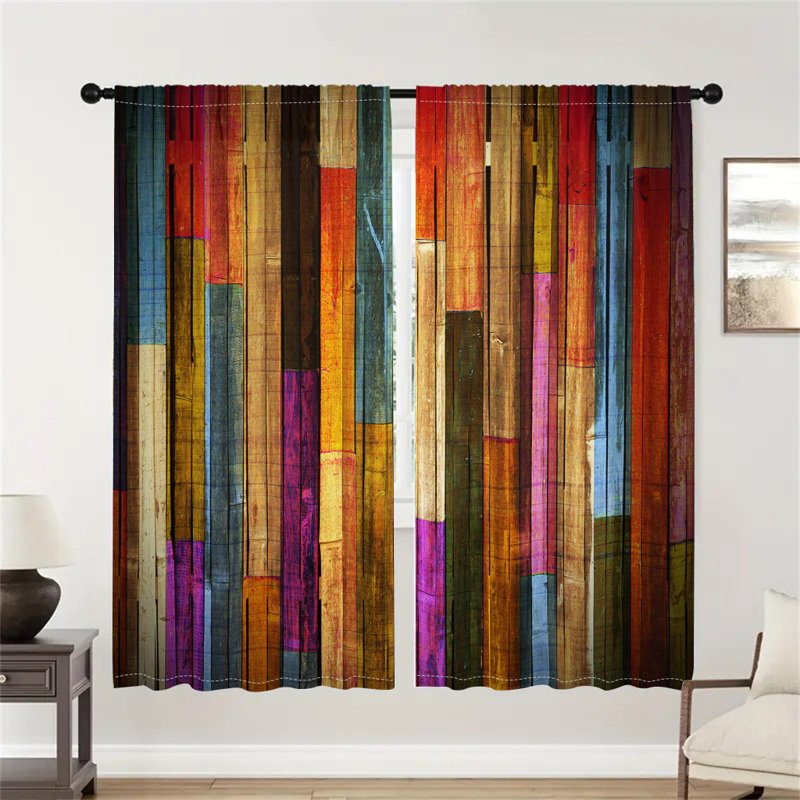 2Pcs,Colorful Plank Wooden Texture Printing Window Curtains & Drapes For Living room Bedroom Kitchen Office Guest room, Suitable for all Seasons,Soft Fiber Fabric,Light Filtering,Machine Washable.