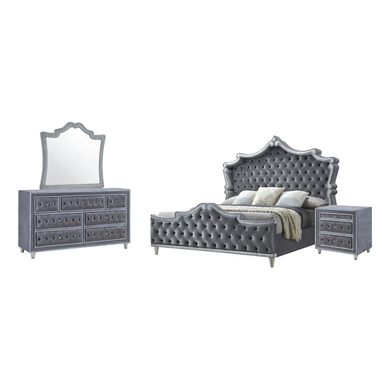 Ensemble de chambre à coucher Domenick, Gris, Très grand, Quatre pièces : lit, commode, miroir et table de