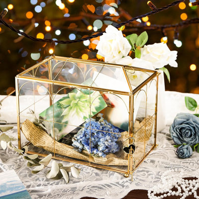 Glass Card Box with Slot, Large Gold Clear Card Box for Wedding Receptions