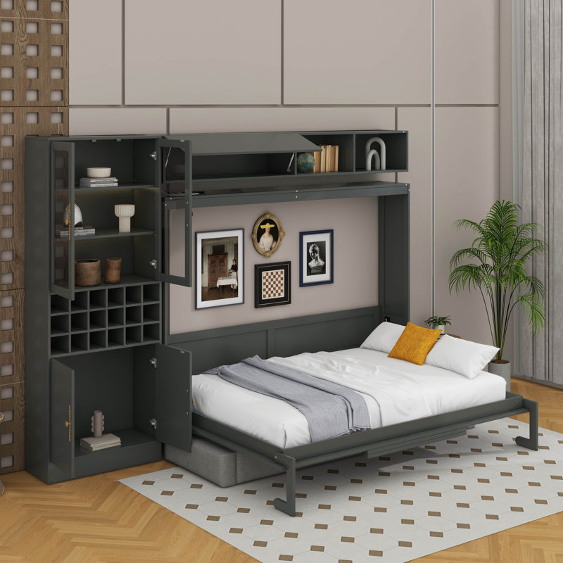 Lit escamotable mural Murphy avec canapé, USB et lumière, Gris, Grand lit