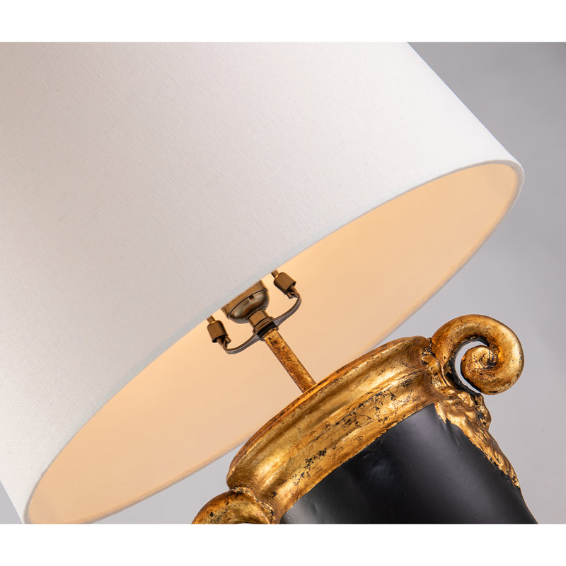 Black And Distressed Gold French Inspired Table Lamp With White Fabric Shade