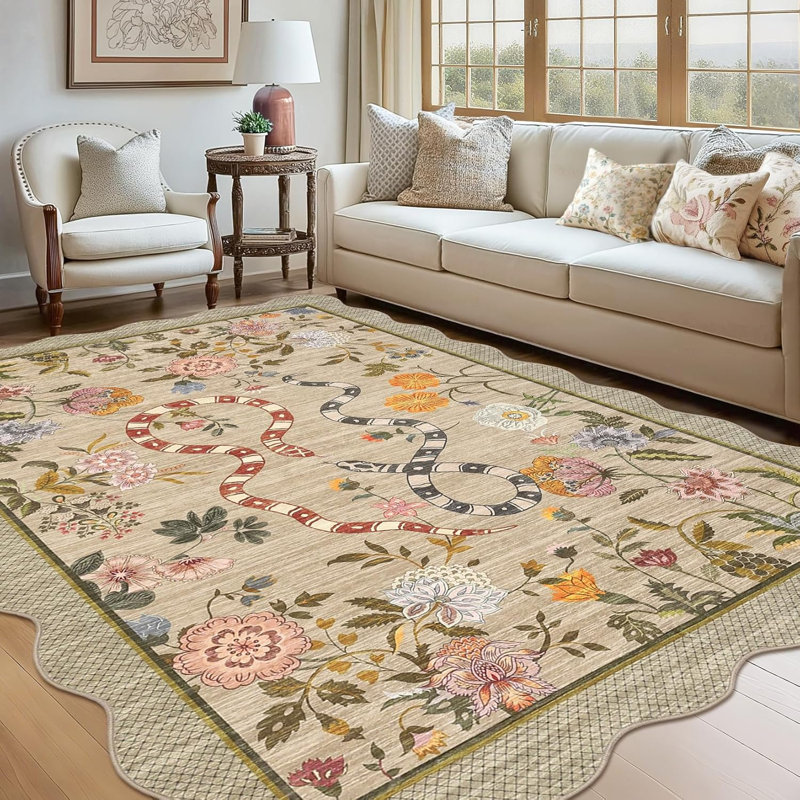2x6 Kitchen Runner Rug – Soft Non-Shedding Low Pile Farmhouse Floral Carpet with Non-Slip Backing, Stain-Resistant Snake Print Bath Mat