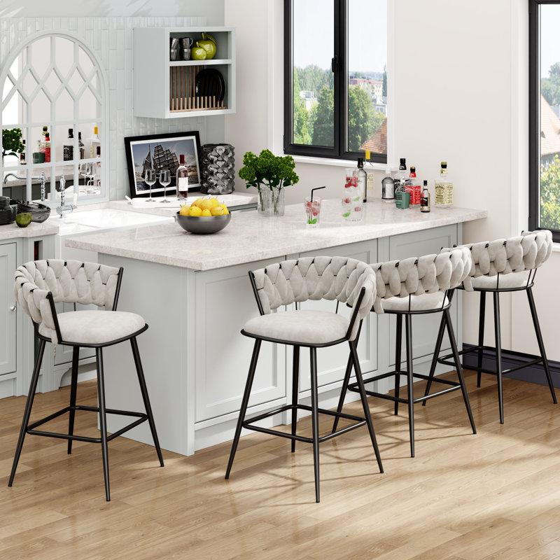 Upholstered Counter & Bar Stool With Curved Weaving Design (Set Of 4), Counter Stool (24” Seat Height), Ivory