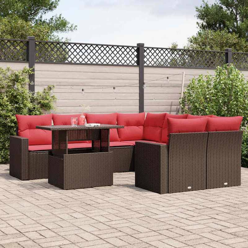  Ensemble de canapé de patio 9 pièces avec coussins en rotin de polyester noir, Rouge, Brun