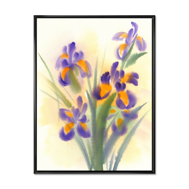 Bouquet d'iris jaunes et mauves - peinture sur toile, H 20 po x l 12 po, Cadre flottant noir