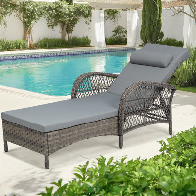 Outdoor Wicker Chaise Lounge Chair With Cushion, 76.98" Long All Weather Pe Rattan Patio Lounge Chair, 6-Positions Adjustable Pool Reclining Sunbathin by Winston Porter