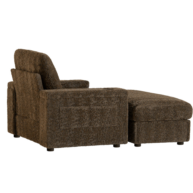 Chaise longue surdimensionnée de 42 po avec repose-pieds brun, fauteuil inclinable en fausse fourrure de lapin avec accoudoirs de rangement, porte-gobelets, canapé-lit convertible