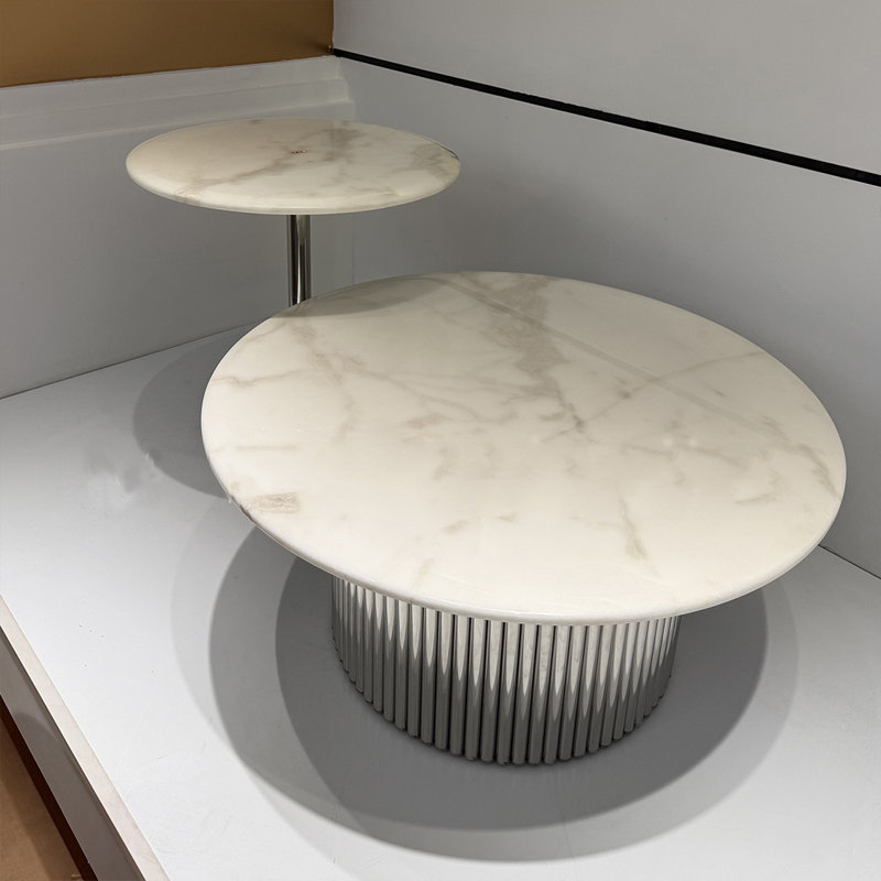 Round Marble Coffee Table with Silver Metal Base