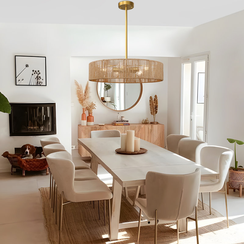 5-Light Bohemian Rattan Drum Chandelier, Gold
