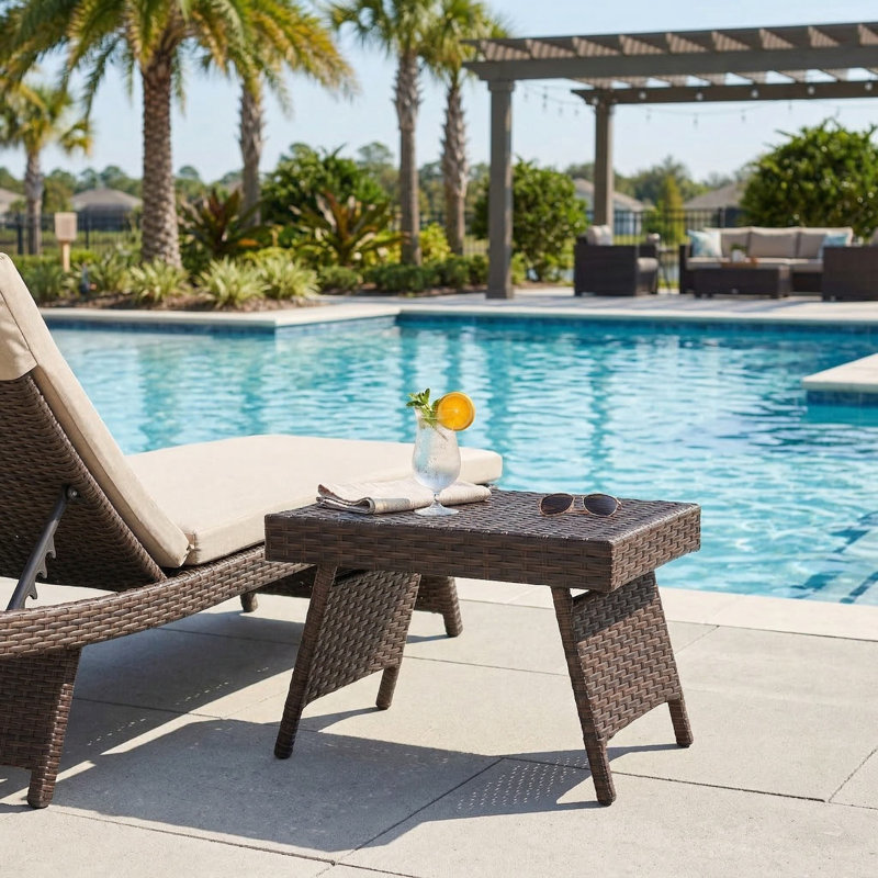 Weather Resistant Fade Proof Sturdy Portable Folding Patio PE Rattan Side Coffee Table With Stable Anti Slip Support Base For Garden Backyard