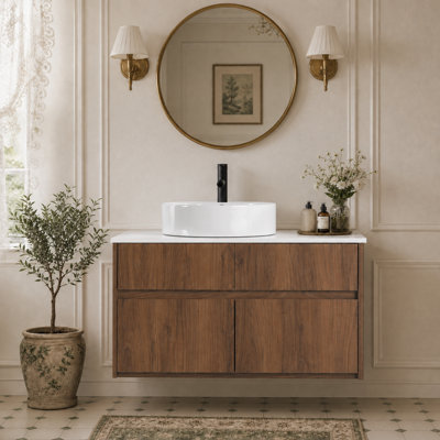 Meuble-lavabo mural 32 po (31-1 / 2 po) avec lavabo d'art en céramique et plaque plate de comptoir, 2 portes à fermeture douce et 1 tiroir, emballage KD, contreplaqué