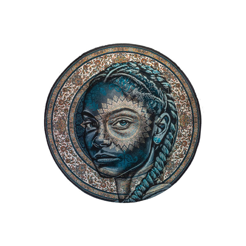 Artistic Theme Woven Base Round Decorative Carpet With Female Face Figure, Round 2'8"