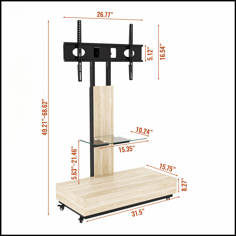 Chariot de télévision mobile à hauteur ajustable avec tiroir à tirer pour les téléviseurs de 32 à 75 pouces, support en bois et en verre avec roues, finition naturelle