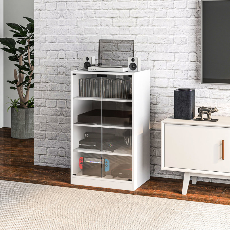 4 supports multimédia, armoire vidéo moderne avec tablettes réglables, portes en verre trempé, gestion des câbles, armoire tendance, gestion, blanc vieilli pour décodeurs