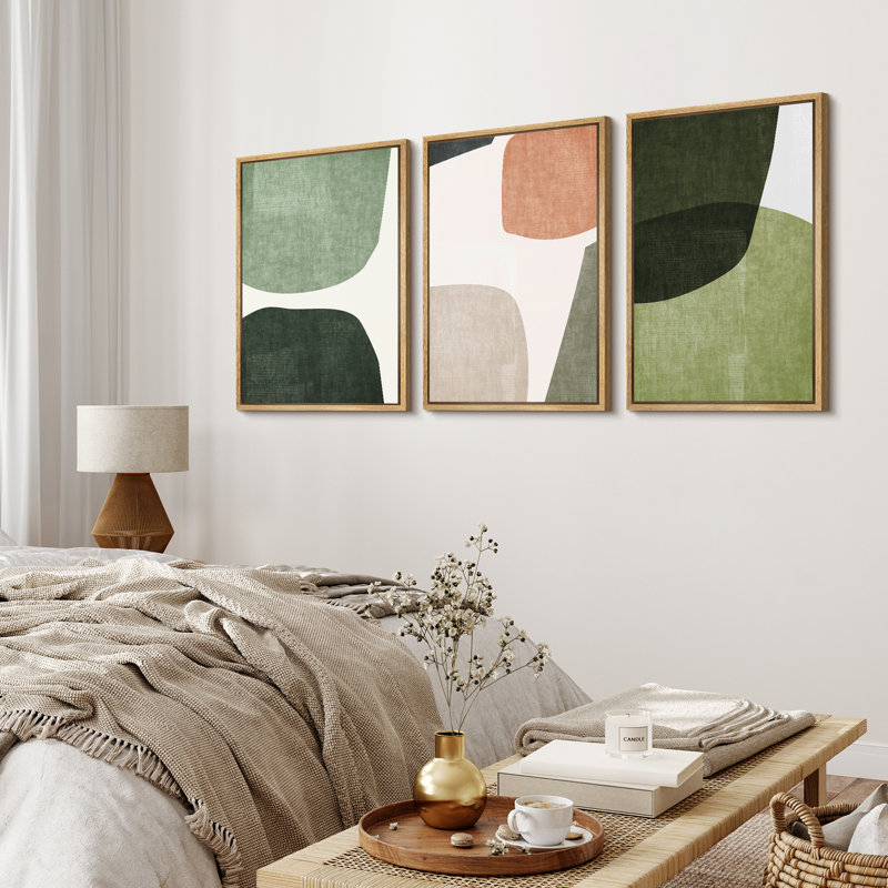 Mid Century Shape Green Tripyth Multicolor Ovals Abstract Mid Century Modern Framed Canvas 3 Pieces Print Wall Decor
