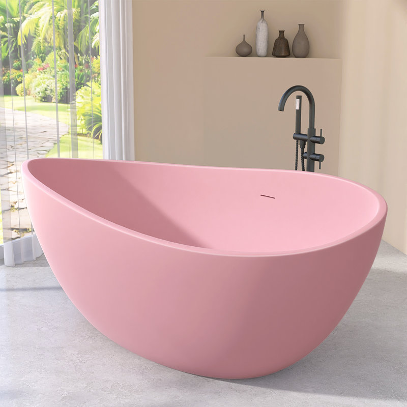 63" Matte Pink Freestanding Acrylic Bathtub Deep Soaking Tub For Bathrooms With Resin Reinforced Construction, Matte Pink