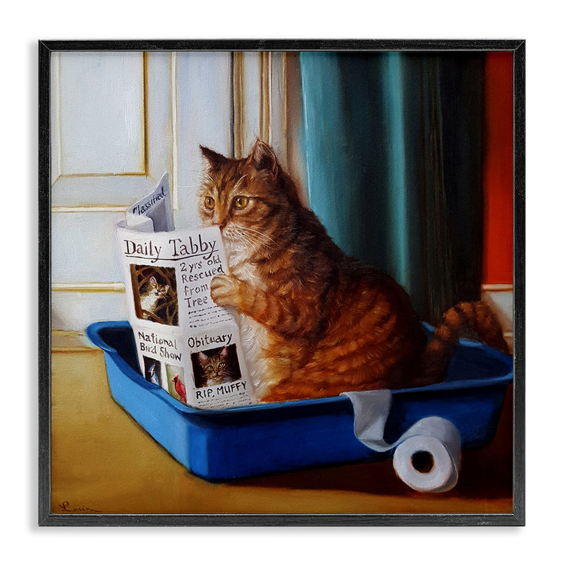 Litière lisant un chat amusant par Lucia Heffernan - Peinture, H 17 po x l 17 po, Giclée encadrée noir minuit