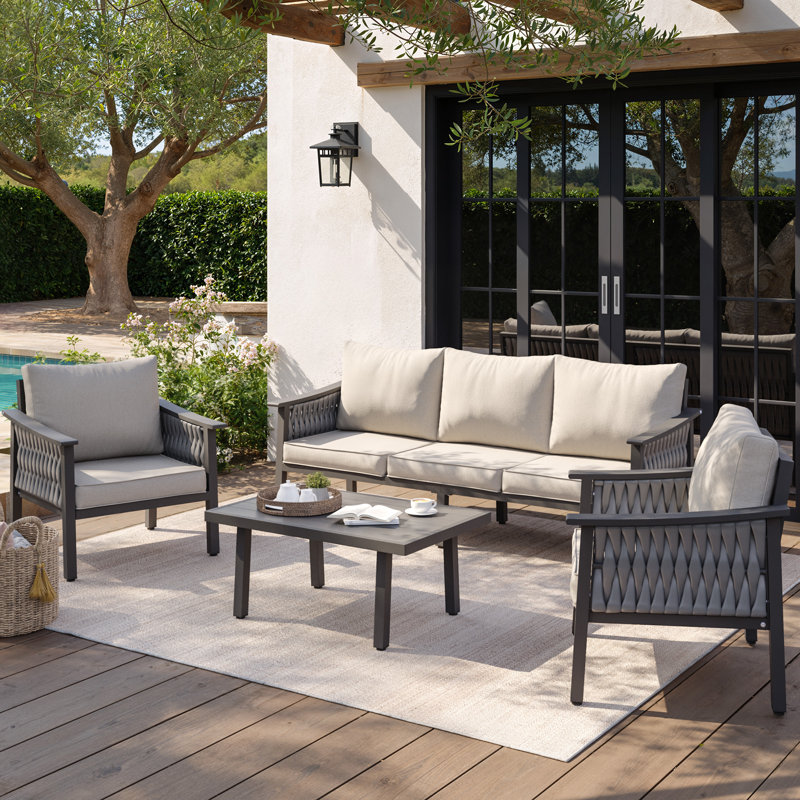 5-Person Outdoor Patio Furniture Set – Aluminum Frame, Handwoven All-Weather Rope, 5-Inch Cushions, Outdoor Conversation Set