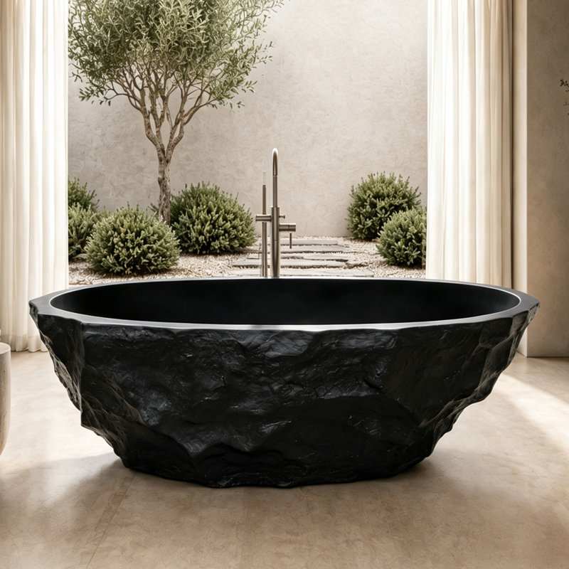Baignoire profonde autoportante à surface solide de 67,5 po x 32 po, finition brute de style travertin
