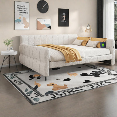 Modern King Beds With Usb, Lambswool Upholstered Wood Platform For Home