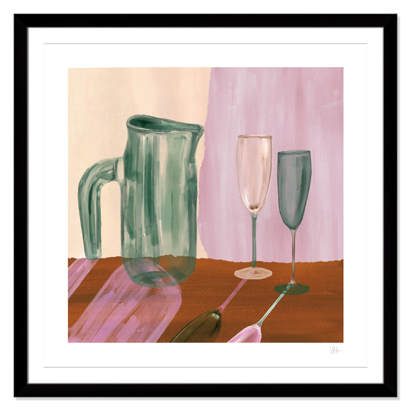«Jug and Champagne Flutes Print» par Violets Print House, L 42,5 po x H 42,5 po, Imprimé mat, Noir satiné