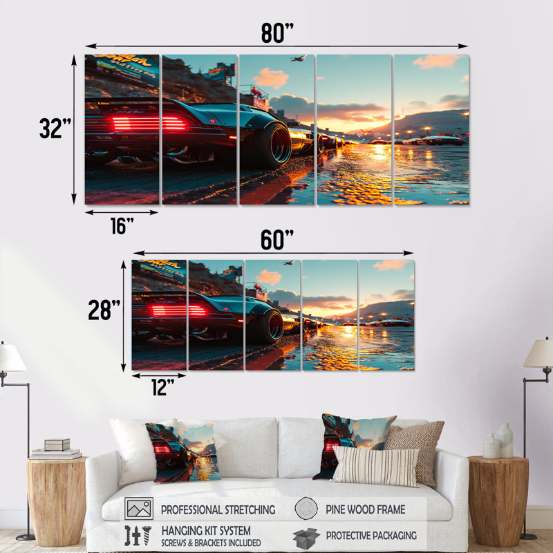 «High Speed Sportscar Monaco Street Race - Car Exotic Wall Art Decor», 5 pièces, H 32 po x l 80 po