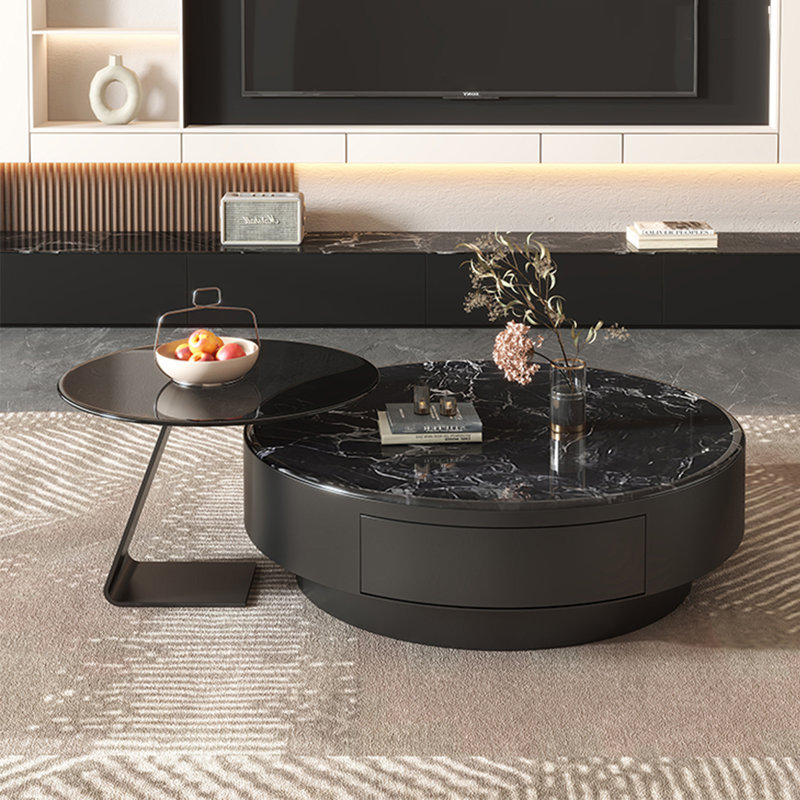 Table basse ronde en pierre supercristalline, H 13 po x L 35,4 po x l 35,4 po, Noir, noir, noir, noir
