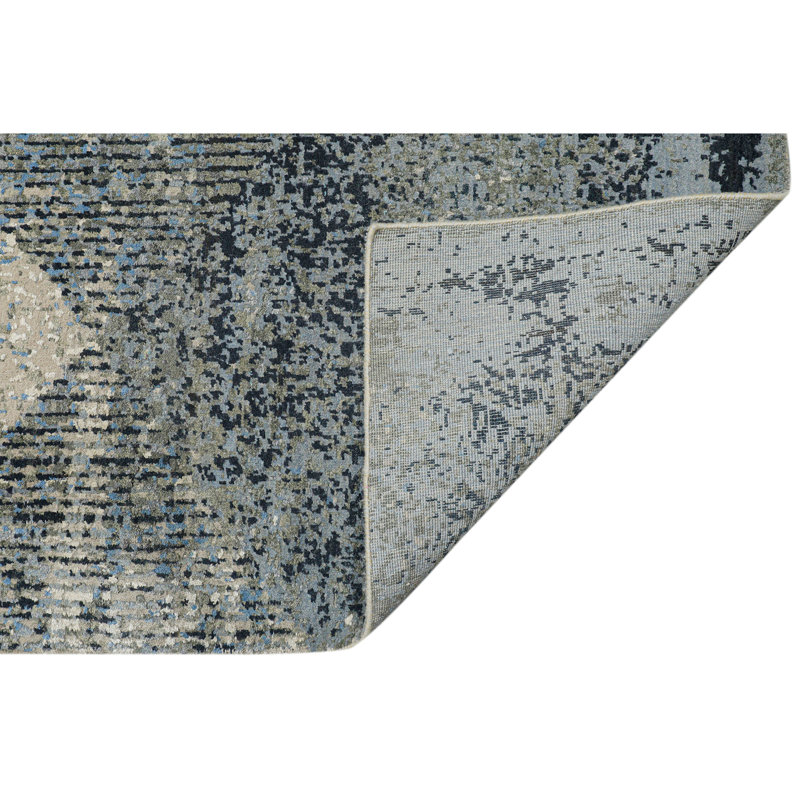 Hand Knotted Striped Area Rug in Silver/Gray/Blue, Rectangle 9' x 12'