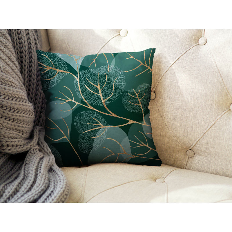 Coussin décoratif intérieur / extérieur Baka Leafs, H 15 po x l 15 po, Émeraude / or / blanc