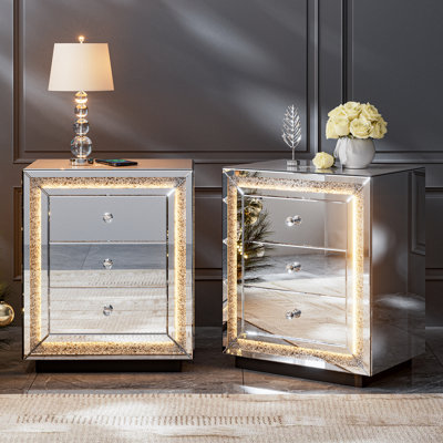 Mirrored Nightstand Set Of 2, Led End Table With Wireless Charging Station, Modern Silver Side Table With 3 Crushed Diamond Drawers For Bedroom And Office