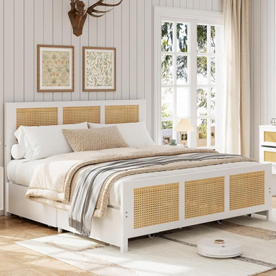 Rattan Bed Frame with Headboard & 4 Drawers - Boho King/Queen/Full Platform Bed, LED Lights, 800 lb Capacity, No Box Spring - White/Black