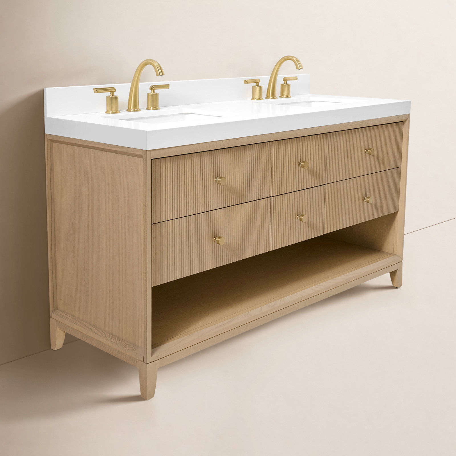 Momo Bath Vanity Set With White Quartz Vanity Top And White Undermount Basin, Oak, 60"