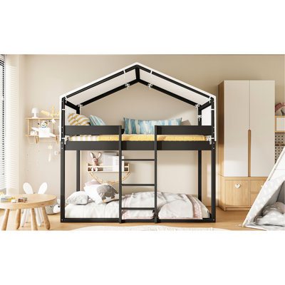 Twin Over Bunk Bed With Tent, Construction, House-Shaped Fun For ' Bedroom Wood Finish, Strong Build, Playhouse Decoration