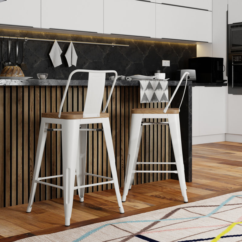 Tabouret en bois massif et métal Rayne, Blanc, 2, Tabouret de bar (siège d'une hauteur de 30,2 po)