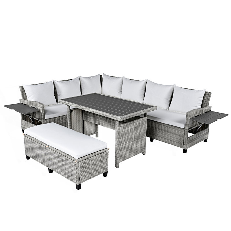 Ensemble de canapé d'extérieur en rotin 5 pièces, canapé modulaire en L avec 2 tables d'appoint extensibles, Blanc, Gris