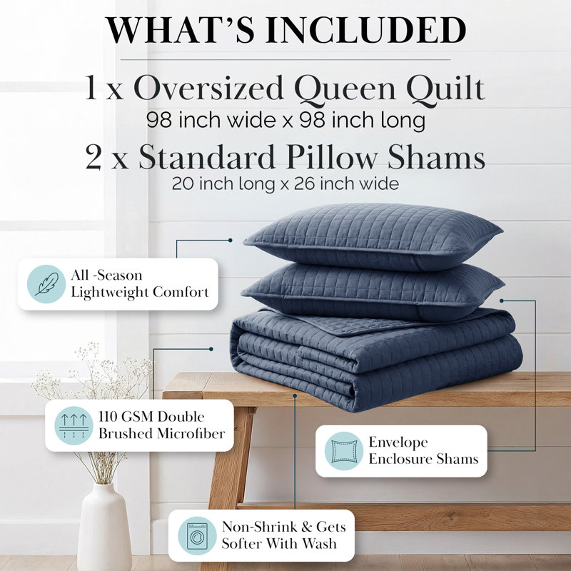 Southshore Fine Linens Vilano Oversized Quilt Set, Double-Brushed Microfiber Lightweight Quilted Bedding with Waffle Geometric Pattern and 2 Pillow Shams, Full/Queen, Dark Blue