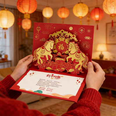 Chinese Years Cards 2026 Three-dimensional Year Of Horse Greeting Cards Decorations Handmade Lunar Year Card With Envelop Spring Festival Gifts For Family
