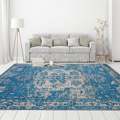 Tapis décoratif bleu tissé à plat à la main Kevser