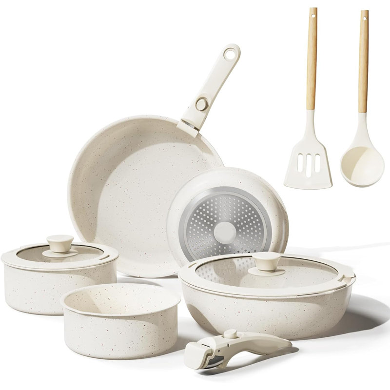 Batterie de cuisine en céramique antiadhésive 11 pièces avec poignées amovibles, sans PFAS / PTFE / PFOA, blanc crème