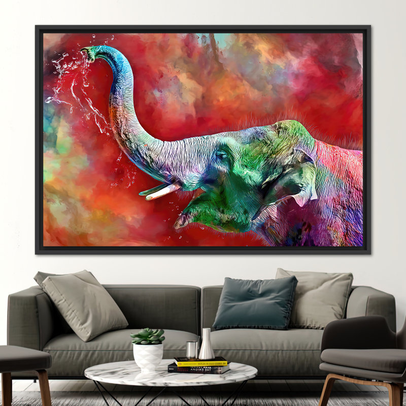Éléphant abstrait, éléphant abstrait, Toile tendue avec cadre noir, H 41 po x l 94 po